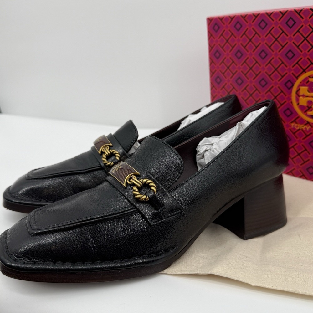 Tory Burch  Perrine Loafer Shoes Size 7.5 Square Toe Block Heel Perfect Black - Picture 6 of 8